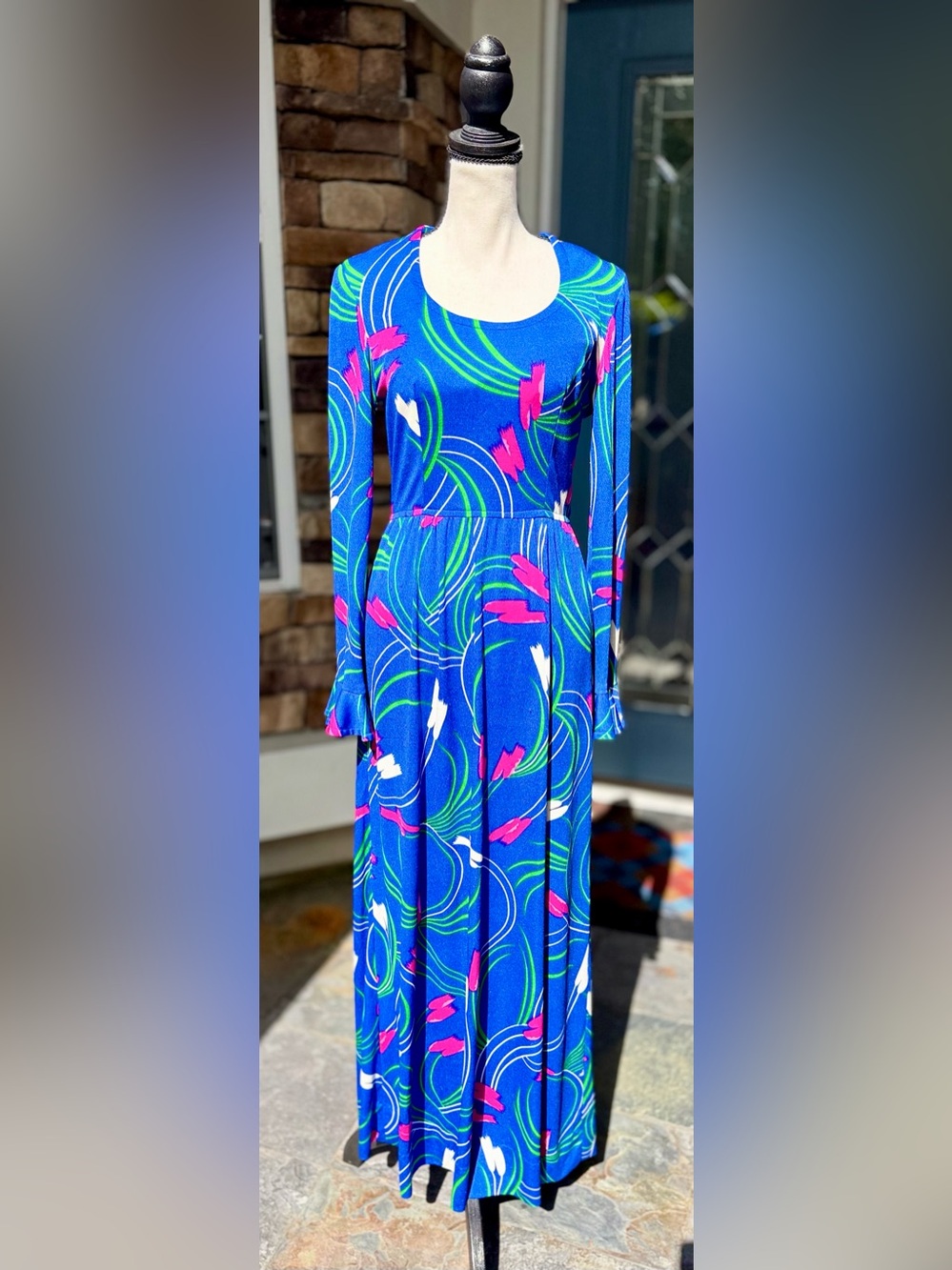 Vintage Keram New York Blue Abstract Print Maxi Dress | Long Sleeve Disco Dress
